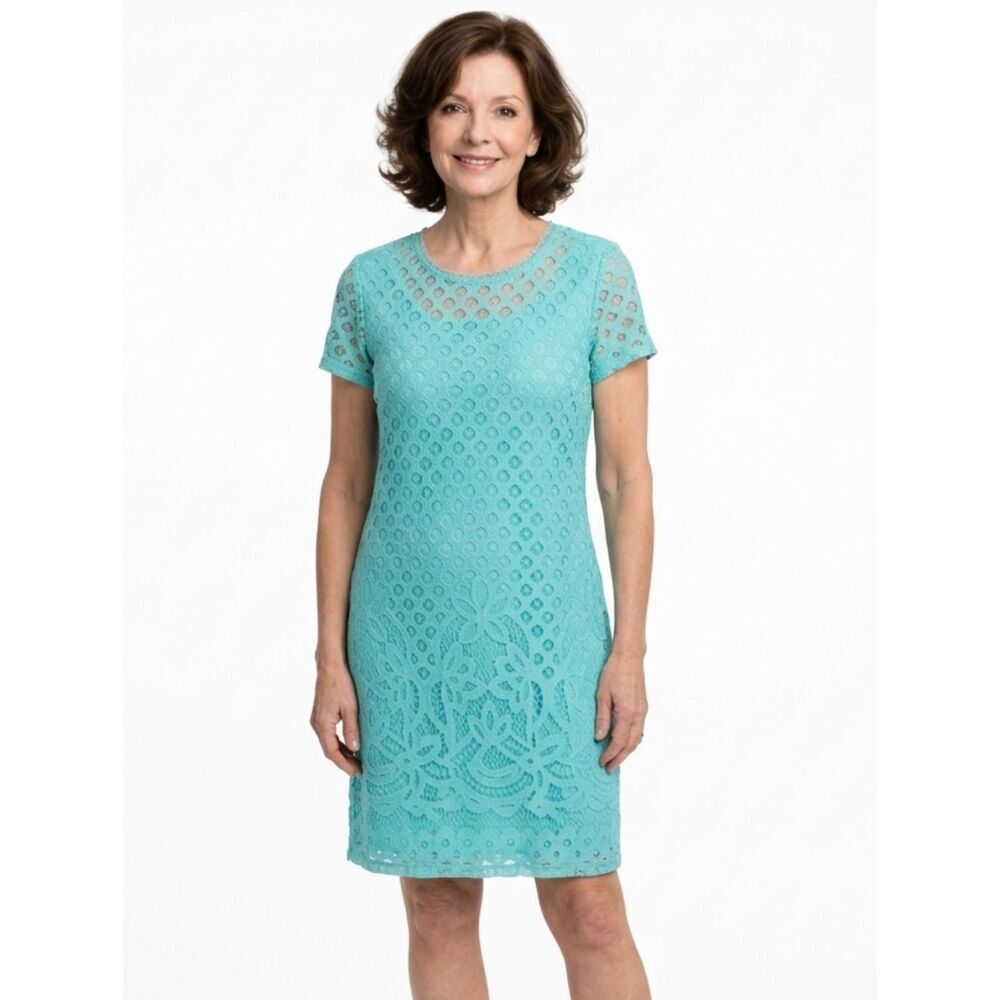 Issac Mizrahi Live! Turquoise Lace Short Sleeve Pullover Stretch Dress Size S